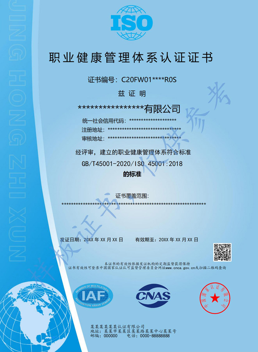 防城港iso45001职业健康管理体系认证证书